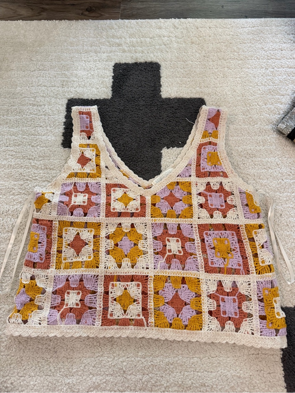 Crochet V-Neck Tank Top in Cream, Mustard & Mauve